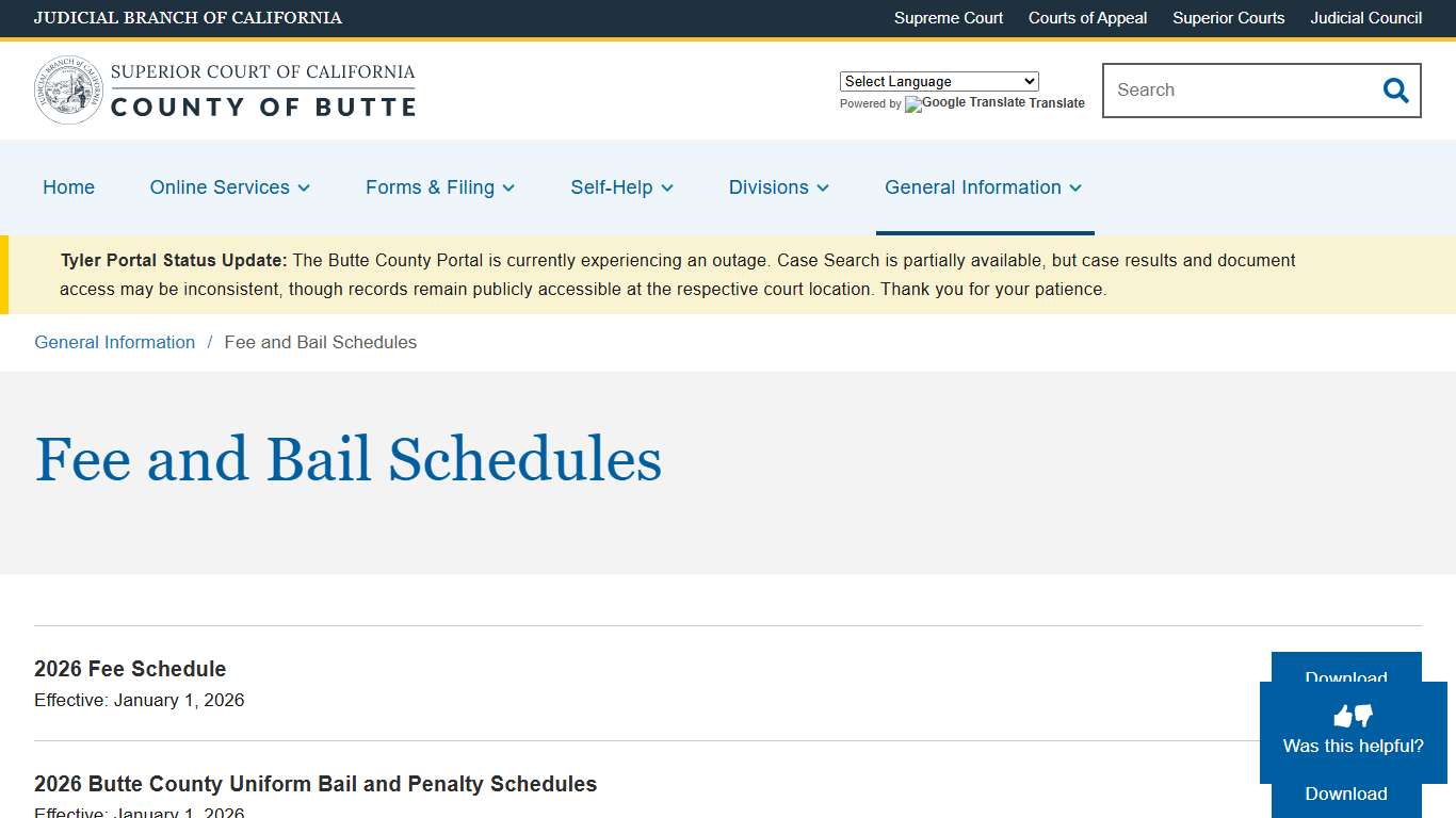 Fee and Bail Schedules Superior Court of California County of Butte