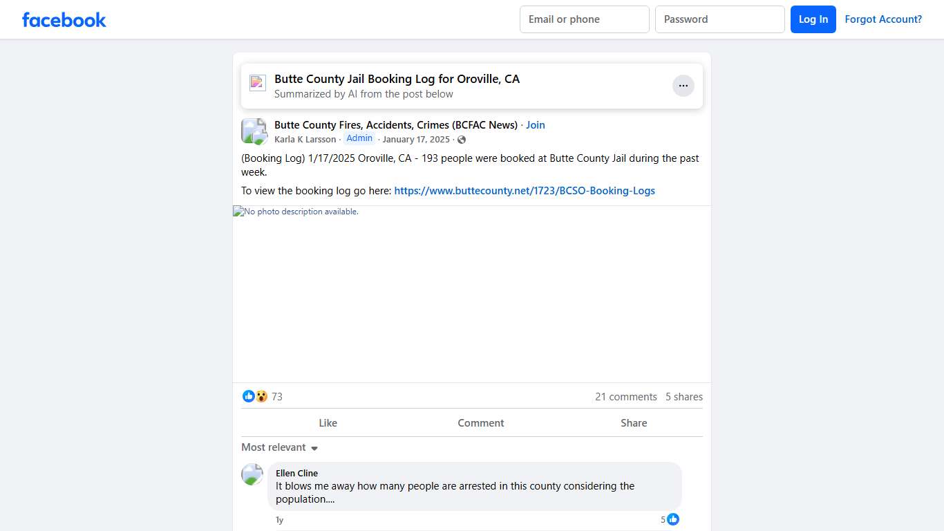 Butte County Fires, Accidents, Crimes (BCFAC News) (Booking Log) 1/17/2025 Oroville, CA - 193 people were booked at Butte County Jail during the past week Facebook